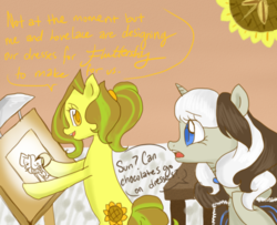 Size: 500x406 | Tagged: safe, artist:laceymod, oc, oc only, earth pony, pony, unicorn, ask lovelace, dialogue, digital art, drawing, female, looking at each other, mare, open mouth