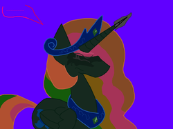 Size: 1076x806 | Tagged: safe, artist:dazzlingmimi, princess celestia, pony, tumblr:the sun has inverted, g4, ..., betrayed, blue background, blue sun, civil war, color change, corrupted, darkened coat, divided equestria, female, glowing horn, horn, indigo background, invert princess celestia, inverted, inverted colors, inverted princess celestia, possession, purple background, sadness, sidemouth, simple background, solo, speech bubble, tumblr, word bubble