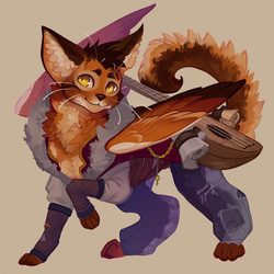 Size: 750x750 | Tagged: safe, artist:sitaart, oc, oc only, oc:jetsam, cat, ponyfinder, bard, bedroll, clothes, commission, commissioner:sandyfortune, dungeons and dragons, fantasy class, fluffy, jewelry, lute, male, musical instrument, orange eyes, orange fur, pathfinder, pen and paper rpg, purrsian, rpg, scroll, simple background, solo, tail, whiskers, wings