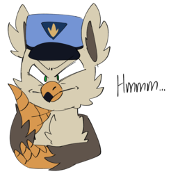 Size: 2472x2512 | Tagged: safe, artist:taaffeiite, oc, oc only, oc:voss corsair, griffon, claws, clothes, dialogue, fluffy, griffon oc, hat, high res, hmm, kepi, request, simple background, thinking, transparent background