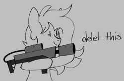 Size: 2294x1494 | Tagged: safe, artist:taaffeiite, oc, oc only, oc:cyberia starlight, earth pony, pony, delet this, dialogue, female, flamethrower, gray background, mare, meme, monochrome, not a flamethrower, simple background, smiling, solo, weapon