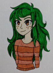 Size: 460x625 | Tagged: safe, artist:metalamethyst, wallflower blush, human, equestria girls, g4, freckles, green hair, humanized, simple background, smiling, traditional art, white background