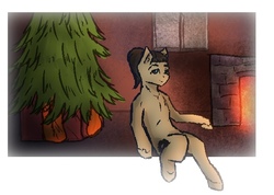 Size: 604x429 | Tagged: safe, artist:al1-ce, derpibooru exclusive, oc, oc only, oc:sinraal, pony, breaking the fourth wall, fireplace, solo, tree