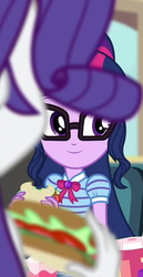 Size: 373x723 | Tagged: safe, screencap, rarity, sci-twi, twilight sparkle, equestria girls, g4, my little pony equestria girls: better together, schedule swap, bowtie, cafeteria, canterlot high, food, geode of telekinesis, glasses, magical geodes, offscreen character, sandwich, smiling