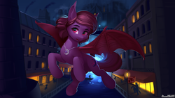 Size: 1920x1080 | Tagged: safe, artist:discordthege, oc, oc only, bat pony, pony, bat pony oc, bat wings, building, city, commission, complex background, digital art, female, flying, jewelry, mare, membranous wings, necklace, night, open mouth, river, scenery, scenery porn, solo, spread wings, wings