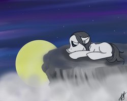 Size: 807x640 | Tagged: safe, artist:ianotouta-way, oc, oc only, oc:shakes heartwood, earth pony, pony, cliff, digital art, female, fog, lying down, mare, moon, night, prone, sad, sky, solo