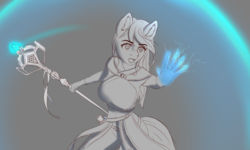Size: 2400x1440 | Tagged: safe, artist:mintjuice, anthro, advertisement, clothes, commission, determination, female, force field, glowing hands, magic, magician, magician outfit, mare, staff, your character here