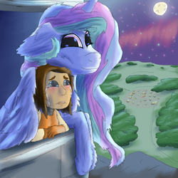 Size: 1584x1584 | Tagged: safe, artist:firefanatic, princess celestia, human, g4, aurora, comforting, crying, fluffy, forest, hug, momlestia, moon, mountain, night, stars, train tracks, village, window, winghug