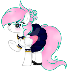 Size: 1024x1063 | Tagged: safe, artist:angelamusic13, oc, oc only, oc:angela music, pegasus, pony, clothes, cute, deviantart watermark, female, mare, obtrusive watermark, ocbetes, pleated skirt, shirt, shoes, simple background, skirt, socks, solo, two toned wings, watermark, white background