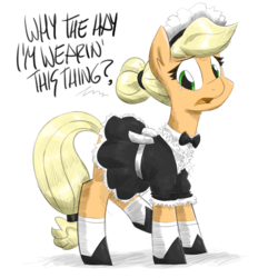 Size: 1200x1200 | Tagged: safe, artist:flutterthrash, applejack, earth pony, pony, clothes, confused, cute, dialogue, dress, engrish, female, frown, jackabetes, looking at you, looking down, maid, mare, raised leg, simple background, solo, stupid sexy applejack, text, uncomfortable, we don't normally wear clothes, white background