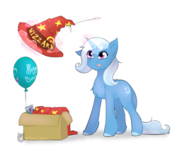 Size: 3000x2500 | Tagged: safe, artist:sinrinf, derpibooru exclusive, starlight glimmer, trixie, pony, unicorn, g4, balloon, chest fluff, discworld, female, hat, high res, magic, mare, rincewind, shiny, simple background, solo, telekinesis, tongue out, transparent background
