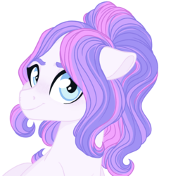 Size: 1448x1490 | Tagged: safe, artist:whalepornoz, oc, oc only, oc:morning blossom, pony, bust, looking at you, offspring, parent:spearhead, parent:twinkleshine, ponytail, portrait, simple background, solo