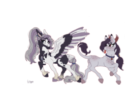 Size: 1200x806 | Tagged: safe, artist:pegasus004, oc, oc:peppercorn, oc:salt water, pegasus, pony, cloven hooves, collar, demon horns, fangs, feather, hair tie, jewelry, leonine tail, necklace, ponytail, shire, tongue out