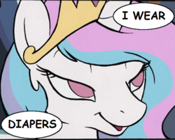 Size: 600x483 | Tagged: source needed, safe, artist:furseiseki, edit, edited edit, princess celestia, alicorn, pony, g4, abdl, adult foal, bedroom eyes, close-up, comic sans, confession, crown, dialogue, diaper, diaper fetish, ears up, eyelashes, female, fetish, happy, horn, jewelry, mare, non-baby in diaper, nostrils, open mouth, princess, regalia, royalty, smiling, smirk, smug, solo, speech bubble, statement, text, text edit