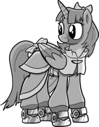 Size: 1343x1725 | Tagged: safe, artist:fimflamfilosophy, oc, oc only, alicorn, pony, buck legacy, armor, black and white, bow, card art, clothes, female, folded wings, grayscale, mare, monochrome, robe, robes, simple background, solo, transparent background, wings