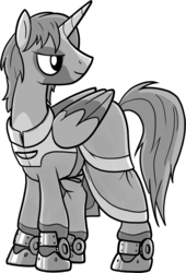 Size: 1158x1698 | Tagged: safe, artist:fimflamfilosophy, oc, oc only, alicorn, pony, buck legacy, armor, black and white, card art, clothes, folded wings, grayscale, male, monochrome, robe, robes, simple background, solo, transparent background, wings