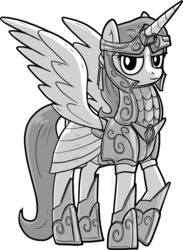 Size: 1325x1815 | Tagged: safe, artist:fimflamfilosophy, oc, oc only, alicorn, pony, buck legacy, armor, black and white, bow, card art, clothes, female, grayscale, helmet, jewelry, looking at you, mare, monochrome, robe, robes, simple background, solo, transparent background, wings