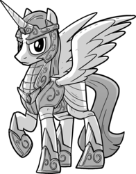 Size: 1434x1832 | Tagged: safe, artist:fimflamfilosophy, oc, oc only, alicorn, pony, buck legacy, armor, black and white, bow, card art, clothes, determined, grayscale, helmet, jewelry, looking at you, male, monochrome, robe, robes, simple background, solo, transparent background, wings