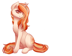 Size: 1009x792 | Tagged: safe, artist:xfrosting, oc, oc only, oc:sweet scent, pony, unicorn, blonde hair, chest fluff, cutie mark, female, horn, long hair, long tail, mare, orange hair, red eyes, red hair, sitting, smiling, solo