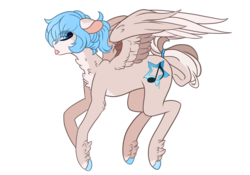 Size: 1068x748 | Tagged: safe, artist:xfrosting, oc, oc only, oc:prime, pegasus, pony, :p, blue eyes, blue hair, colored hooves, colored wings, colored wingtips, cutie mark, feathered fetlocks, full body, hoof fluff, mismatched hair, ponytail, side view, solo, tongue out, wings