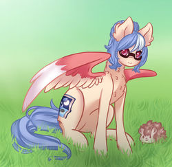 Size: 600x583 | Tagged: safe, artist:xfrosting, oc, oc only, oc:periwinkle, hedgehog, pegasus, pony, blue hair, chest fluff, colored wings, colored wingtips, cutie mark, female, glasses, grass, mare, ponytail, red eyes, short hair, sitting, smiling, solo, two toned mane, white hair, wings