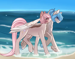 Size: 1024x815 | Tagged: safe, artist:xfrosting, oc, oc only, oc:prime, pegasus, pony, unicorn, beach, blue eyes, colored hooves, couple, cutie mark, duo, eye contact, feathered fetlocks, gay, horn, looking at each other, male, ocean, pair, pink eyes, ponytail, shore, side by side, sky, smiling, stallion, walking, water, wet hooves, wings