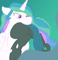 Size: 471x490 | Tagged: safe, artist:red note, princess celestia, queen chrysalis, alicorn, pony, g4, butt, chrysaprey, female, mare, oral vore, plot, preview, princess vorestia, same size vore, throat bulge, vore, wingding eyes