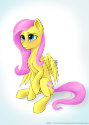 Size: 1500x2100 | Tagged: safe, artist:mmeloman, fluttershy, pegasus, pony, g4, blushing, female, looking away, looking up, mare, raised hoof, simple background, sitting, solo, three quarter view, white background, wings