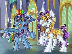 Size: 1133x853 | Tagged: safe, artist:schokocream, rainbow dash, rarity, pegasus, pony, unicorn, g4, sparkle's seven, armor, duo, female, mare, night guard, night guard armor, night guard dash, royal guard, royal guard armor, royal guard rarity