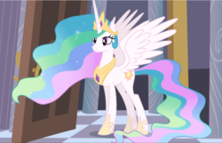 Size: 1462x940 | Tagged: safe, screencap, princess celestia, alicorn, pony, g4, princess twilight sparkle (episode), beautiful, cropped, crown, ethereal mane, ethereal tail, female, flowing mane, flowing tail, hoof shoes, jewelry, majestic, mare, multicolored mane, multicolored tail, necklace, regalia, smiling, solo, spread wings, tall alicorn