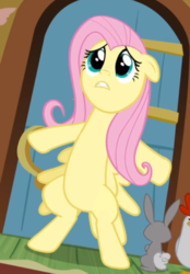 Size: 461x661 | Tagged: safe, screencap, fluttershy, bird, chicken, pegasus, pony, rabbit, g4, princess twilight sparkle (episode), bipedal, cropped, female, floppy ears, mare, scared