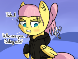 Size: 2131x1610 | Tagged: safe, artist:artiks, fluttershy, pegasus, pony, g4, alternate hairstyle, dialogue, ear fluff, female, i'm not cute, japanese, mare, no pupils, solo