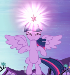 Size: 875x942 | Tagged: safe, screencap, twilight sparkle, alicorn, pony, g4, princess twilight sparkle (episode), big crown thingy, cropped, crown, element of magic, eyes closed, female, floating, focus, jewelry, light, magic, mare, regalia, solo, spread wings, twilight sparkle (alicorn), wings