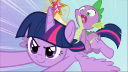 Size: 1669x941 | Tagged: safe, screencap, spike, twilight sparkle, alicorn, pony, g4, princess twilight sparkle (episode), big crown thingy, confident, crown, element of magic, female, flying, jewelry, male, open mouth, regalia, scared, smiling, twilight sparkle (alicorn)