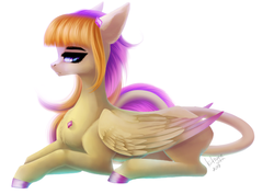 Size: 979x692 | Tagged: safe, artist:bastet-catmew, oc, oc only, pegasus, pony, chest fluff, female, leonine tail, mare, prone, simple background, solo, white background