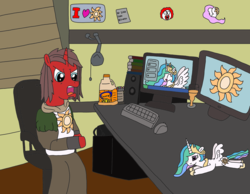 Size: 3293x2550 | Tagged: safe, artist:supahdonarudo, princess celestia, oc, oc:ironyoshi, pony, g4, butt, chair, clothes, clown, computer, computer mouse, cosplay, costume, cup, dark souls, high res, juice, keyboard, lamp, monitor, orange juice, plot, plushie, sitting, solaire of astora, speaker, sunny d, table