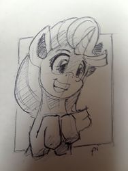 Size: 1932x2576 | Tagged: safe, artist:post-it, starlight glimmer, pony, unicorn, g4, female, grin, ink drawing, mare, monochrome, simple background, sketch, smiling, solo, traditional art, white background