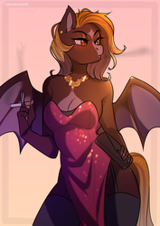 Size: 2894x4093 | Tagged: safe, artist:yukomaussi, oc, oc only, oc:fire glow, bat pony, anthro, anthro oc, bat pony oc, bat wings, breasts, cigarette, cleavage, clothes, dress, female, garter belt, garters, jewelry, necklace, purse, side slit, smoking, socks, solo, stockings, strapless dress, thigh highs, total sideslit, wings