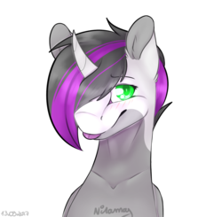 Size: 1024x1004 | Tagged: safe, artist:niyukay, oc, oc:backy niramay, pony, unicorn, :p, alternate hairstyle, blushing, bust, curved horn, cute, ear fluff, green eyes, hair over one eye, heterochromia, horn, looking at you, multicolored coat, pink hair, portrait, silly, tongue out