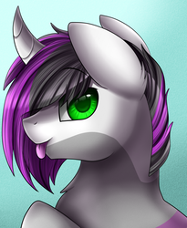 Size: 1446x1764 | Tagged: safe, artist:pridark, oc, oc:backy niramay, pony, unicorn, :p, alternate hairstyle, bust, curved horn, cute, green eyes, hair over one eye, heterochromia, horn, looking at you, multicolored coat, pink hair, portrait, silly, tongue out