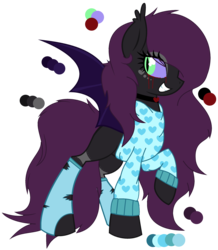 Size: 2128x2444 | Tagged: safe, artist:space--paws0w0, oc, oc only, oc:major elegy, bat pony, pony, bat pony oc, bedroom eyes, blood, choker, clothes, colored sclera, crying, edgy, eyeshadow, female, grin, heart, high res, makeup, mare, raised hoof, reference sheet, smiling, socks, solo, stockings, sweater, tattoo, tears of blood, thigh highs, torn clothes