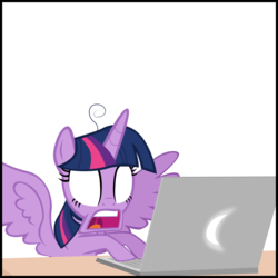 Size: 2000x2000 | Tagged: safe, artist:ace play, twilight sparkle, alicorn, pony, comic:twilight vs. computer, g4, computer, cropped, empty eyes, female, high res, jaw drop, laptop computer, reaction image, shocked, simple background, solo, spread wings, twilight sparkle (alicorn), white background, wings