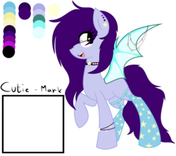 Size: 2712x2408 | Tagged: safe, artist:space--paws0w0, oc, oc only, oc:partita keys, bat pony, pony, bat pony oc, blank flank, bracelet, choker, clothes, ear piercing, earring, fangs, female, high res, jewelry, mare, open mouth, piercing, raised hoof, reference sheet, simple background, socks, solo, spiked choker, stars, stockings, thigh highs, transparent background, wing piercing