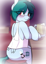 Size: 1330x1838 | Tagged: safe, artist:shinodage, edit, oc, oc only, oc:delta vee, pegasus, pony, alcohol, beer, blushing, clothes, crossed arms, eye clipping through hair, eyebrows, eyebrows visible through hair, female, human shoulders, implied drinking, looking at you, looking back, looking back at you, mare, sexy, sitting, smiling, solo, stupid sexy delta vee, tank top