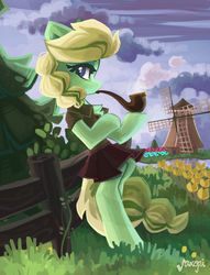 Size: 1600x2092 | Tagged: dead source, safe, artist:saxopi, oc, oc only, pony, beautiful, bipedal, bipedal leaning, blouse, clothes, leaning, looking at you, netherlands, pipe, pleated skirt, skirt, smoke, smoking, solo, tulip, windmill