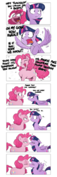 Size: 935x2886 | Tagged: safe, artist:shoutingisfun, pinkie pie, twilight sparkle, alicorn, earth pony, pony, g4, bait and switch, blushing, chubby, comic, dialogue, eyes closed, female, good end, kissing, lesbian, mare, misunderstanding, mood whiplash, ship:twinkie, shipping, simple background, spread wings, sweat, twilight sparkle (alicorn), wingboner, wings