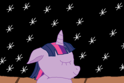 Size: 1112x746 | Tagged: safe, artist:nightshadowmlp, twilight sparkle, pony, unicorn, g4, eyes closed, female, filly, filly twilight sparkle, night, picnic table, sleeping, smiling, stars, table, unicorn twilight, younger