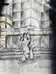Size: 3024x4032 | Tagged: safe, artist:magpulpony, oc, oc only, oc:strategic surprise, dracony, hybrid, building, lined paper, notepad, smiling, traditional art