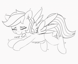 Size: 1024x844 | Tagged: safe, artist:pabbley, rainbow dash, pegasus, pony, g4, ear fluff, eyes closed, female, mare, monochrome, onomatopoeia, simple background, smiling, solo, stretching, white background