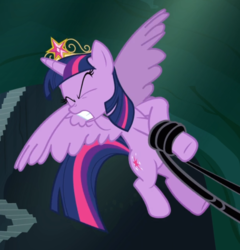 Size: 808x841 | Tagged: safe, screencap, twilight sparkle, alicorn, pony, g4, princess twilight sparkle (episode), big crown thingy, black vine, cropped, crown, element of magic, eyes closed, female, flying, jewelry, mare, pulling, regalia, solo, spread wings, struggling, teeth, twilight sparkle (alicorn), wings